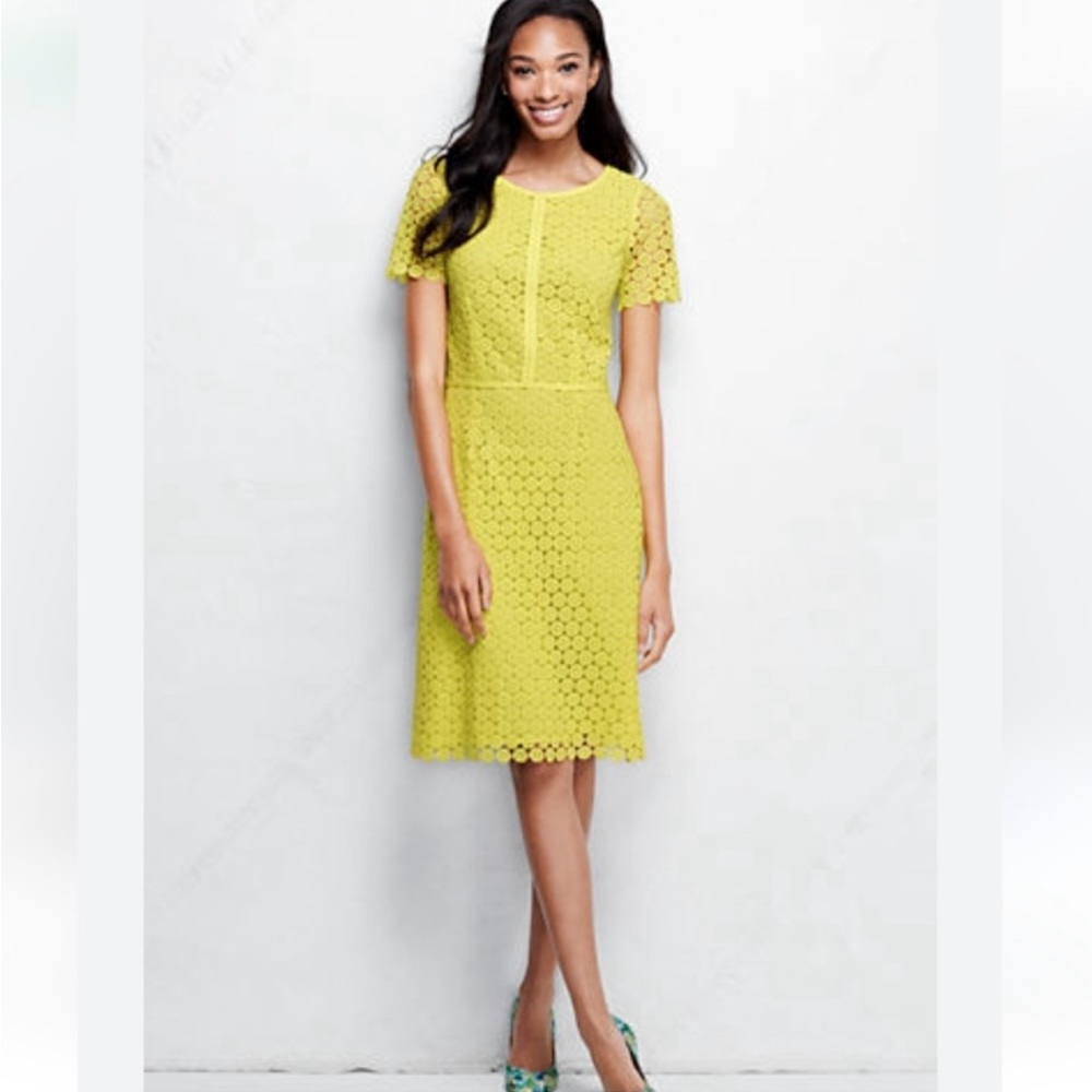 Lands' End Yellow A-Line Midi Dress with Puff Sleeves
